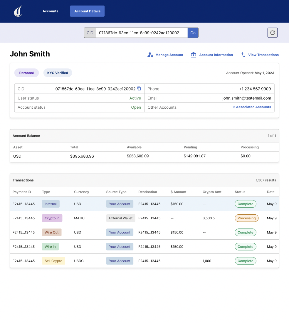 Detailed client account view with transaction history